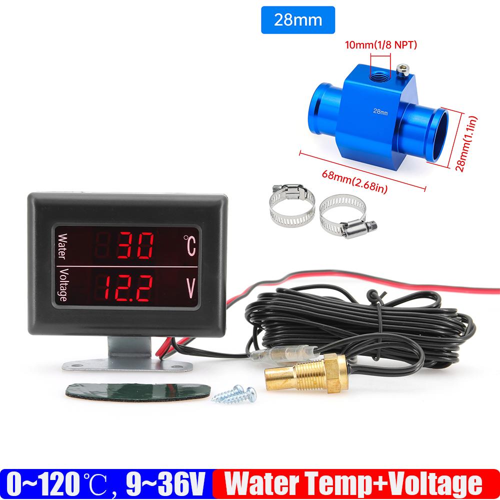 2 IN 1 Auto Car Digital 0~120℃ Water Temperature Gauge+Voltmeter 9-36V Water Temp Sensor Adapter 26MM-40MM for Auto Car Truck