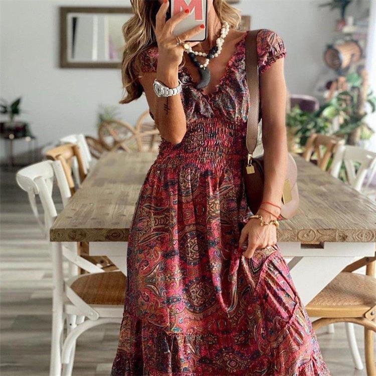 Bohemian V-Neck Maxi Dress with Cinched Waist and Retro Print