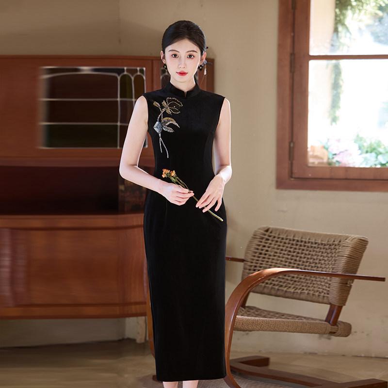Embroidery Black Velvet New Chinese Suzhou Autumn Cheongsam Improved Young 1011 New Women's Premium Spring and Autumn