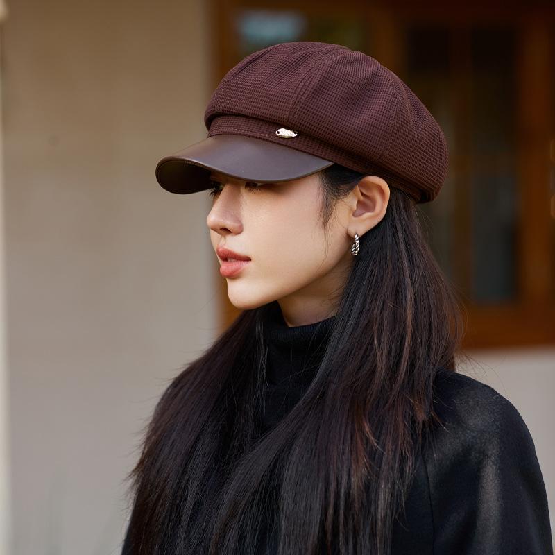 Autumn and Winter Hats Women's High-end Small Gold Standard Leather Hat Brim Octagonal Hat Literary Temperament Retro Newsboy Hat New