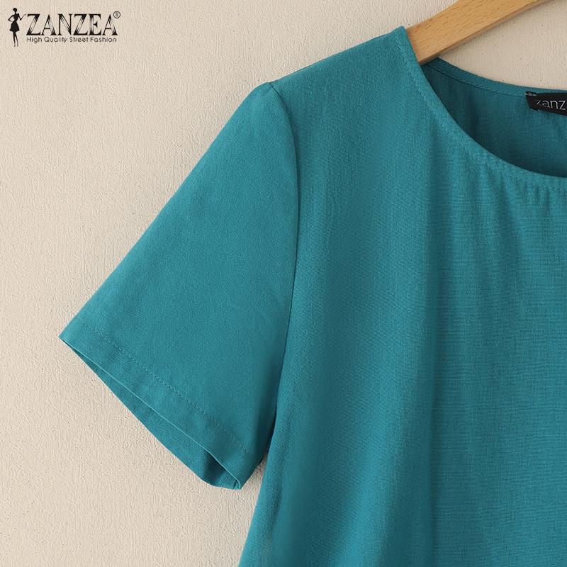 ZANZEA Women Casual Round Neck Summer Short Sleeve Cotton Tops
