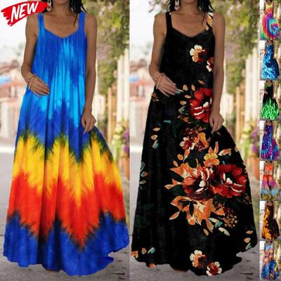 Women's Dresses Fashion Lightweight Sleeveless Party Long Dresses Loose Spaghetti Strap Tie Dye 3D Printed Maxi Dresses Casual V Neck Swing Dress