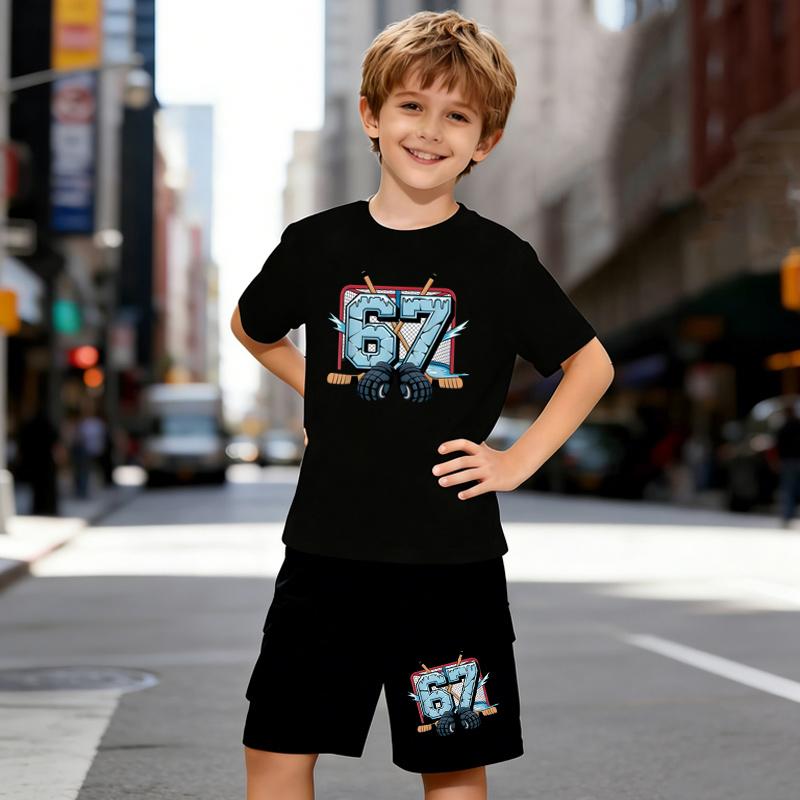 

Boys 2 Piece Funny Number 67 Print Outfit, Short Sleeve T-Shirt and Shorts Set for Kids Age 5-14,Black and White Sporty Casual Summer Clothes 5-6 Years