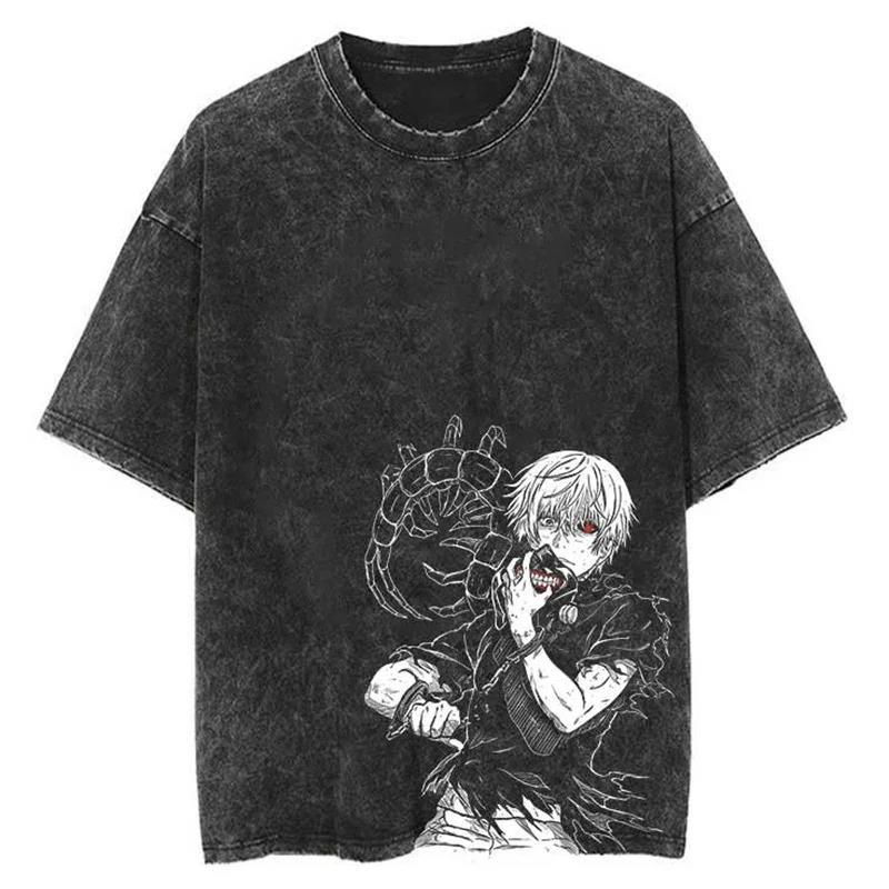 Horké Anime Tokyo Ghoul Grafické Prané Tričko s Pavoučí Lilií Pánské Vintage Trička Y2k Bavlněné Tričko Harajuku Pánské Ležérní Topy