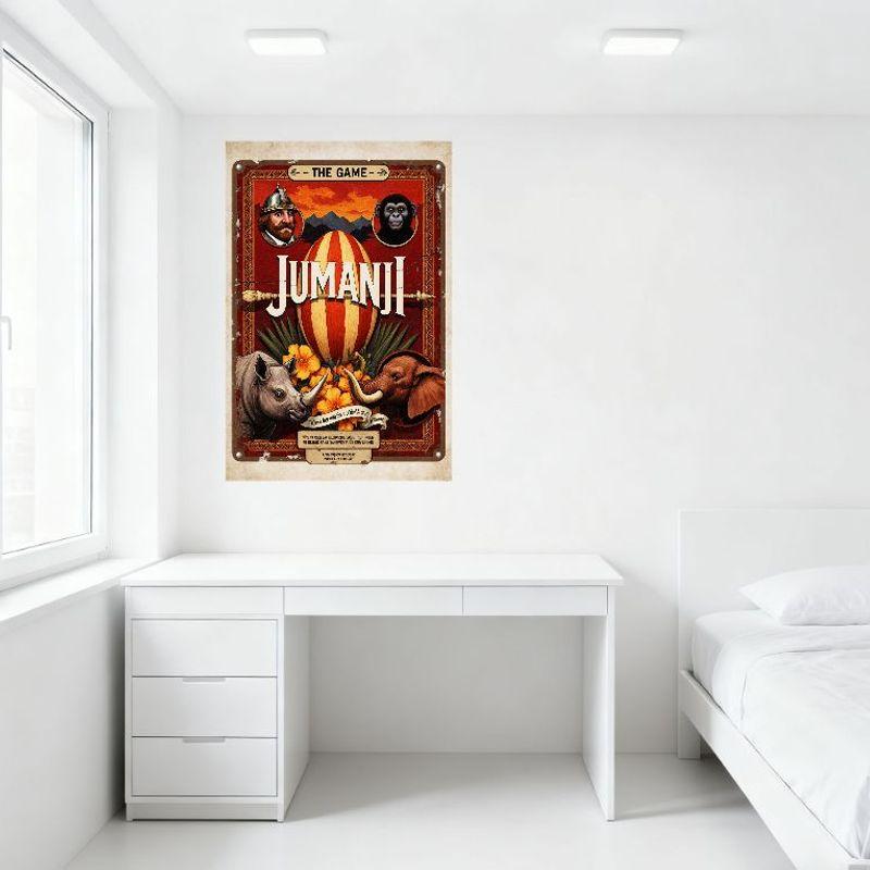 Semn Metalic Jumanji Film Vintage, Om cu Cască Medievală, Cimpanzeu, Balon cu Aer Cald, Rinocer și Elefant Decor de Perete