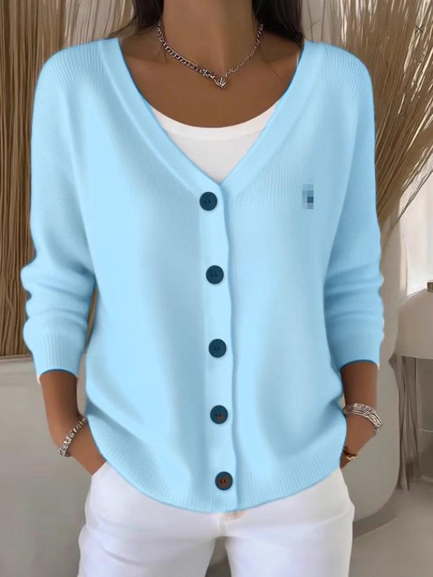 Dámský jednobarevný pletený kardigan v evropském a americkém stylu - Módní svetr kabát na podzim/zimu
