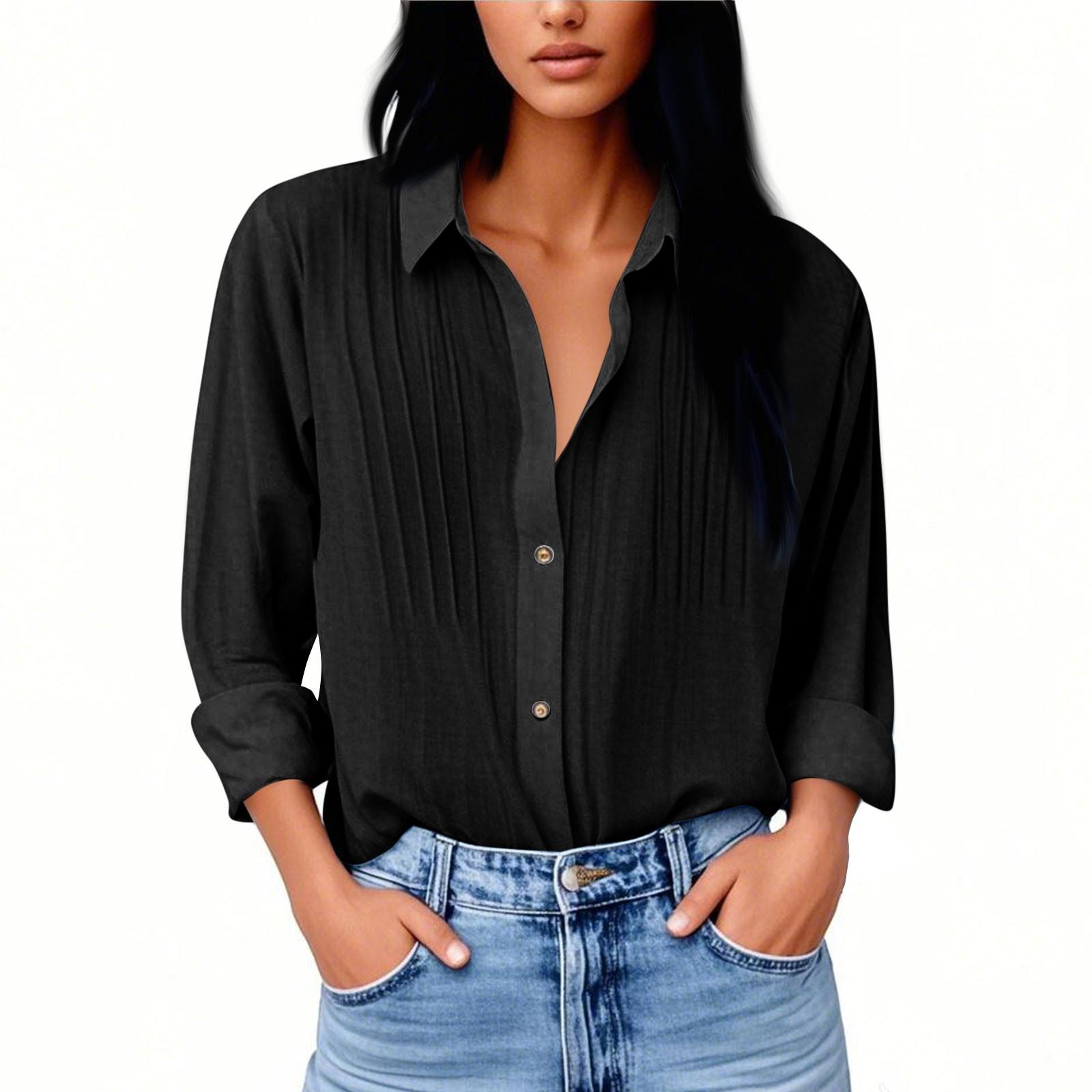 

Женская модная свободная плиссированная однобортная рубашка из хлопка и льна с длинным рукавом и разрезными лацканами S чёрный