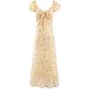 Elegant Floral V-Neck Puff Sleeve Dress for Women - Summer Japanese & Korean Style, Cinched Waist, Slim-Fitting A-Line Long Skirt