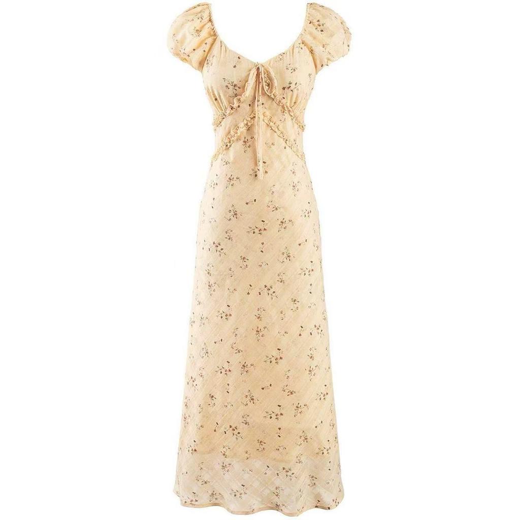 Elegant Floral V-Neck Puff Sleeve Dress for Women - Summer Japanese & Korean Style, Cinched Waist, Slim-Fitting A-Line Long Skirt