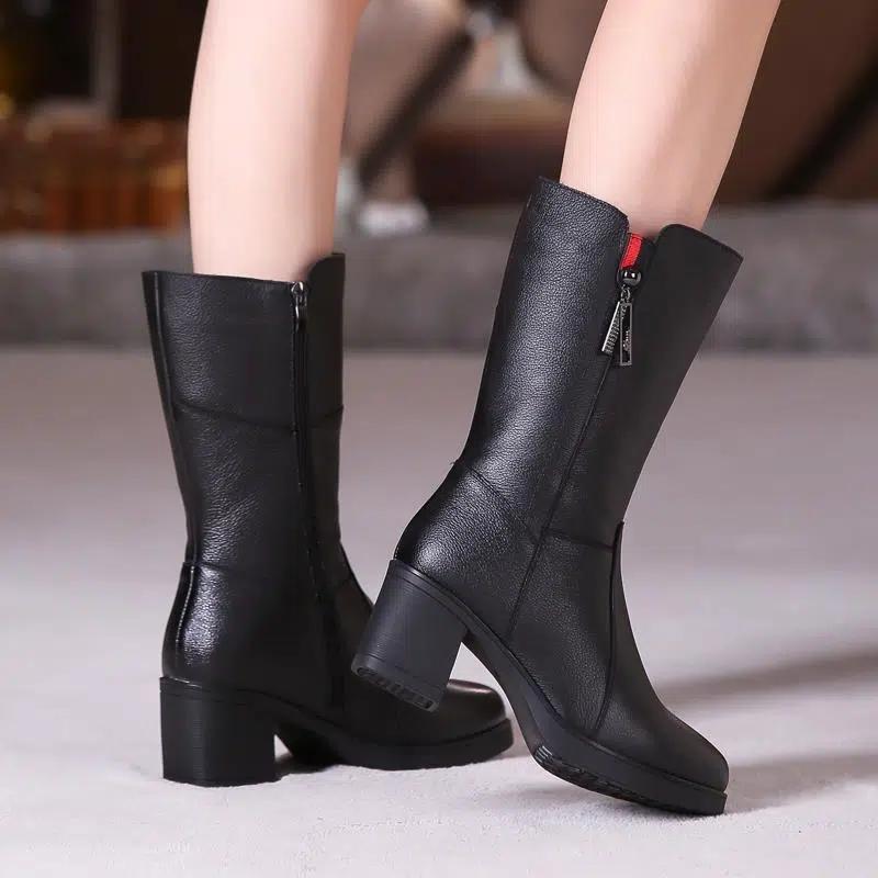 Fashion GKTINOO Women Mid-Calf Boots Winter Warm Side Zipper High Heel Booties Genuine Leather Platform Mother Shoes Female Footwear