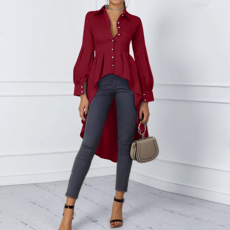 ZANZEA Kvinner Nedfelt Krage Langermet Asymmetrisk Fald A-linje Bluse