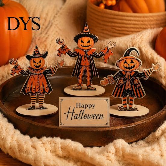 Vintage Halloween Party Supplies 3Pcs Wooden Pumpkin Scarecrow Ornaments, Table Centerpiece, Handcrafted Autumn Favors Desktop Decoration for