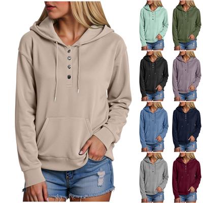 Damen Langarm Hoodie Pullover mit Knöpfen Casual Einfarbig Lässig mit Kapuze