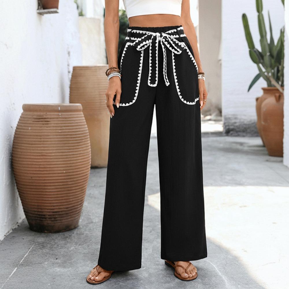 Women s Lace Trim Tie Waist Wide Leg Pants High Waist Loose Casual Vacation Long Trousers S чёрный