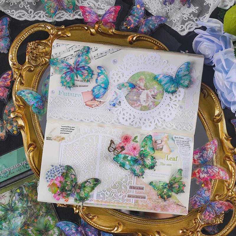 Yuezhen Gilded Butterfly Dream Stickers: Retro Gold-Stamped, Waterproof PET Stickers for Kids' Handbooks & Crafting.