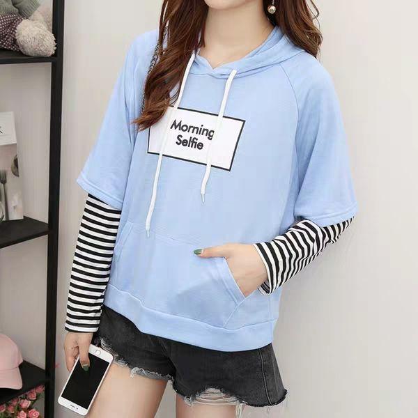 Koreański patchworkowy t-shirt w stylu harajuku fałszywe dwa kawałki tęczowe paski z długim rękawem luźna koszulka O-neck damskie koszulki