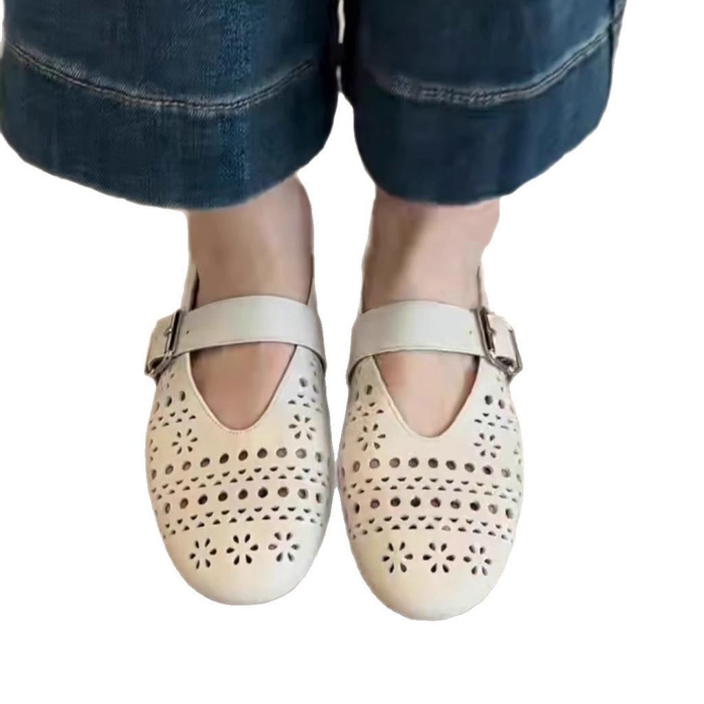 Luo Fansen cuir souple ultra-doux mot ajouré avec chaussures Mary Jane à semelle plate respirantes à encolure basse ballerines rétro