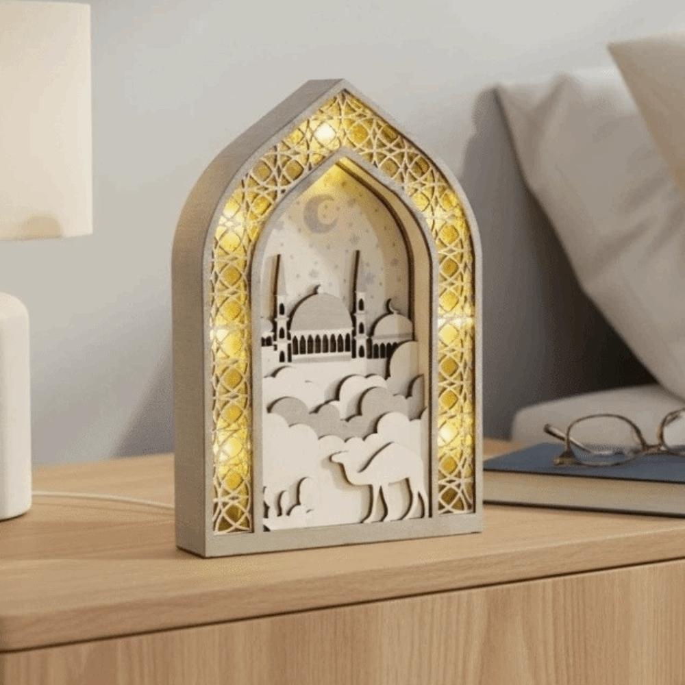 Creative Night Light Ornament LED Eid Wooden Decoration Handmade Eid Desktop Ornament  Scene Layout