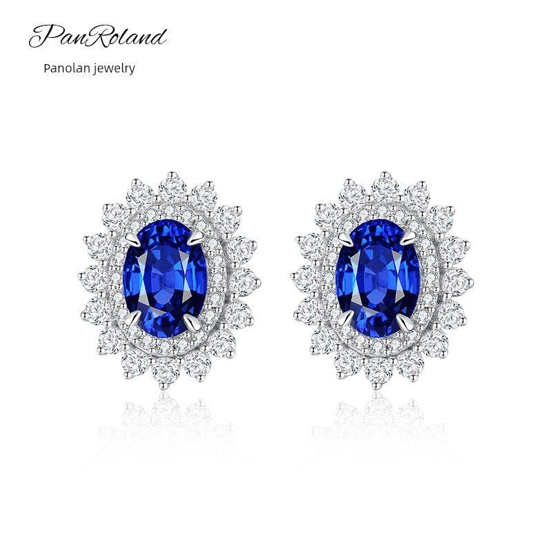 Panluolan European and American Fashion Cultured Blue Sapphire S925 Silver Plated 18K Jewelry Three-Piece Set Necklace Ring Earrings Cultured Sapphire Stud Earrings