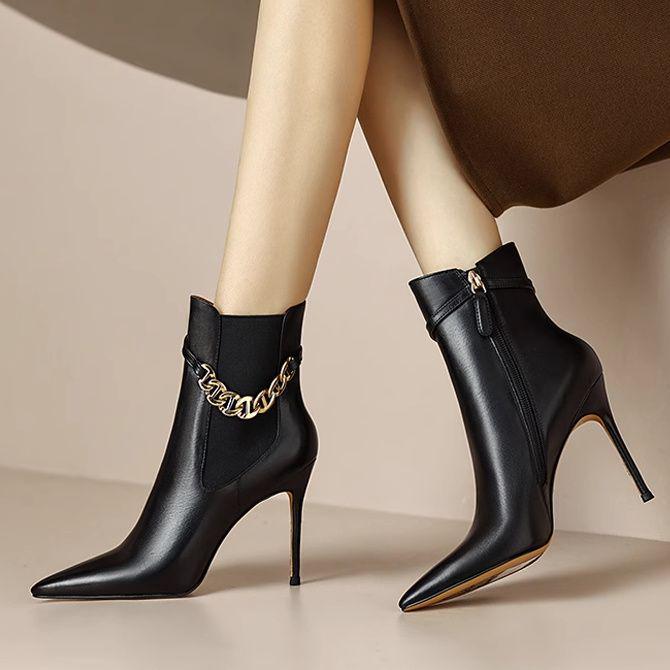 

Трендові жіночі ботильйони на шпильці з натуральної шкіри на щиколотці з вельветовою підкладкою 34 чорний