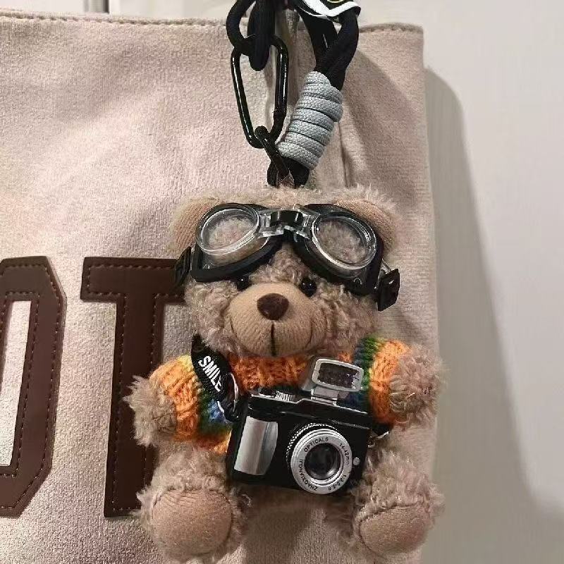Cute Plush Brown Bear Keychain With Camera & Glasses Backpack Doll Pendants Couple Keyrings Handbag Charms Bag Accessories Set