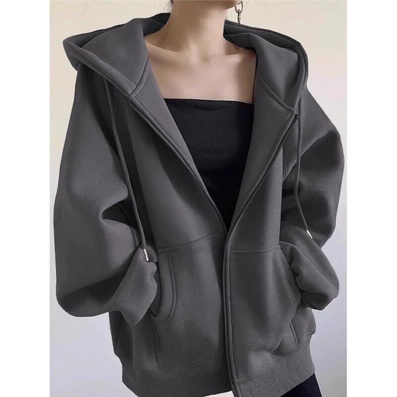 Women's Premium Navy Blue Cotton Hoodie: Fleece-Lined, Thickened, Loose Fit, Perfect for Autumn and Winter, Hooded Baseball-Style Cardigan.