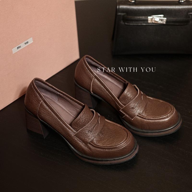 Cowhide~ Height Increase Cm Retro Leather Thick Heel Women's Round Head High Heel Single Shoes Lazy Person Pedal Small Leather Shoes