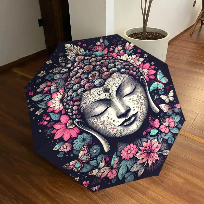 1pc Buddha Flowers Print Umbrella -Home Travel Portable Outdoor Accessories, Multi-functional Umbrella Gift0817003