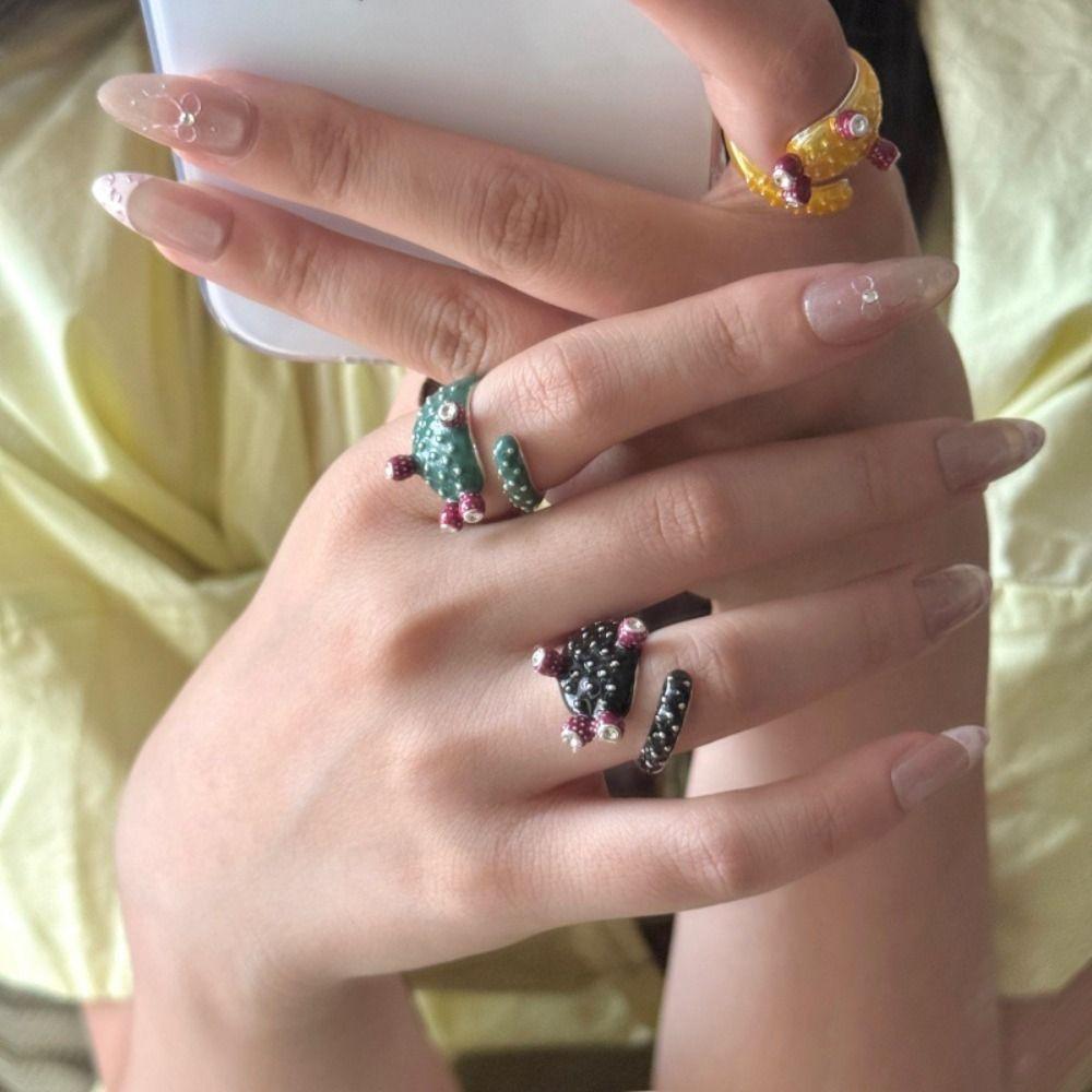 Korean Style Painting Ring Geometric Enamel Ring Personality Cactus Drip Oil Ring Friend