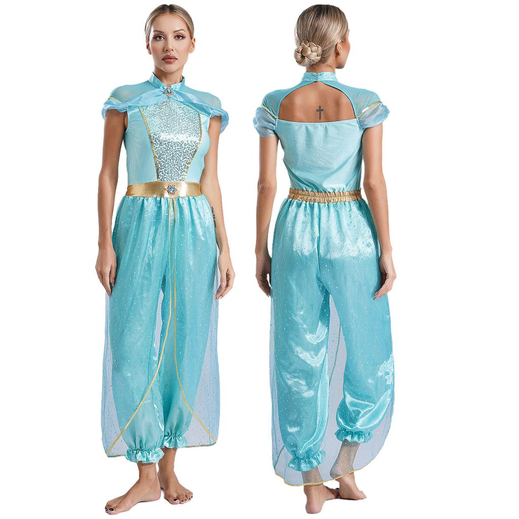 Womens Arabian Princess Costumes Halloween Carnival Aladin Theme Party Jasmines Outfit Sequin Tulle Rompers Belly Dance Jumpsuit