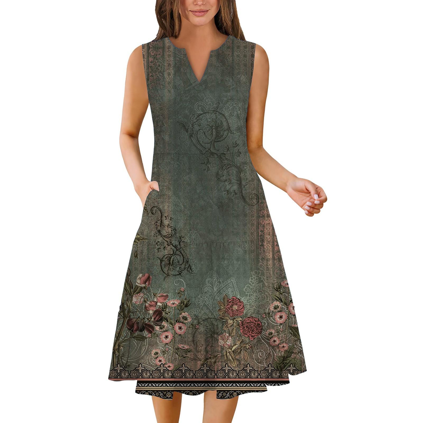 

Women s Summer Fashion Floral Sleeveless Pocket Dresses M розовый