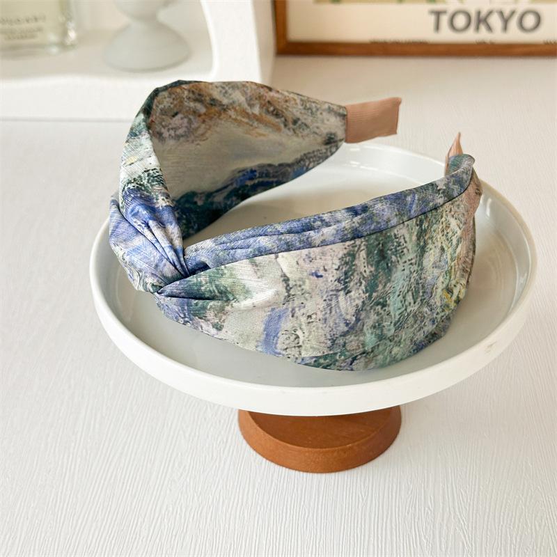 New Fashion Decorate Hair Hoop For Women Artistic Headwear Oil Painting Cross Knot Wide Headband Elegant Thick Hair Accessories