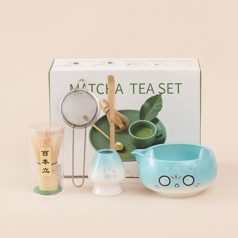 Ensemble de Thé Matcha en Forme de Chat Céramique Japonaise Bol Fouet en Bambou Tamis Boîte Cadeau pour la Préparation du Matcha Accessoires de Thé Mignons