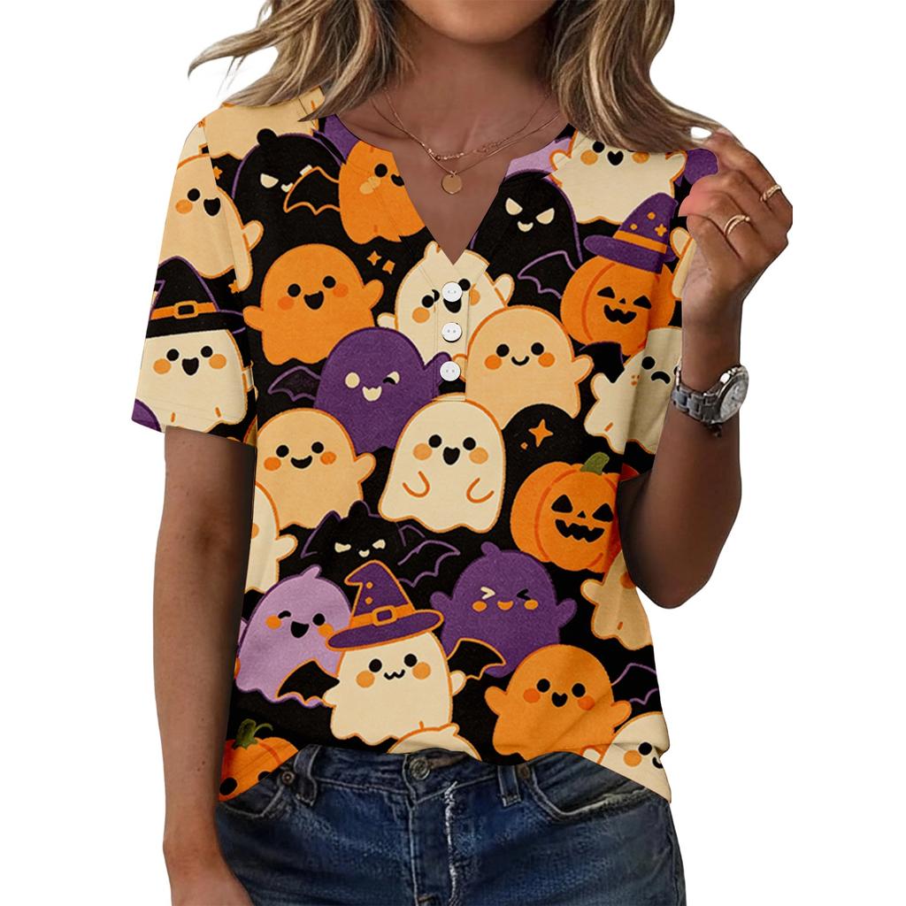 Women's Casual Halloween Print V Neck Short Sleeve Button Front T Shirt Top for Everyday Wear and Seasonal Events