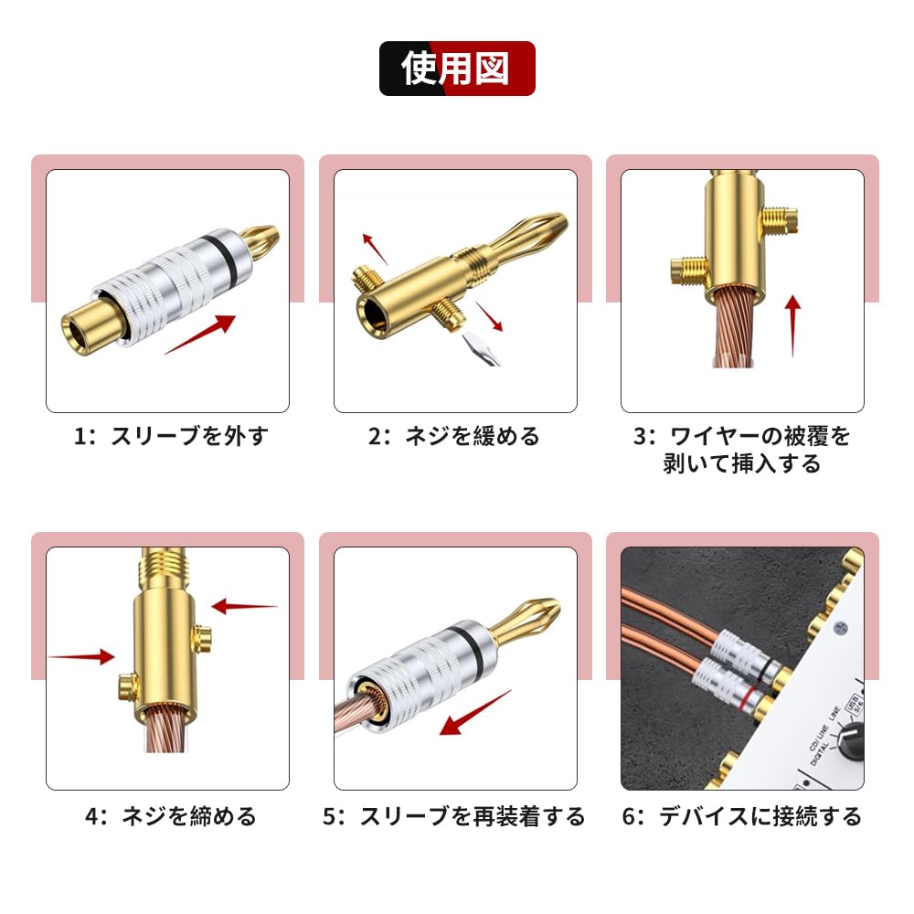 APEZHLQ Banana 24K Gold for Plugs, 4-Pack (2 Red/2 Black), Screw-In Type, Solderless, Plated, Speakers, 12-18AWG