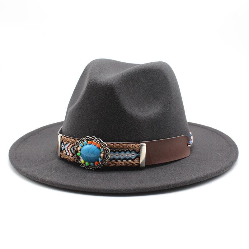 Ethnic Style Flat-Brimmed Big-Eave Hat Straight-Brimmed Jazz Hat Woolen Top Hat