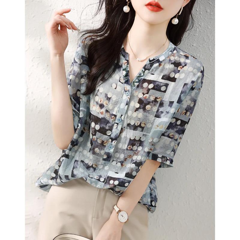 Fashionable Retro Polka Dot Five Quarter Sleeved Shirt Summer Loose Fit Revealing Belly Mid Sleeved V-neck Top