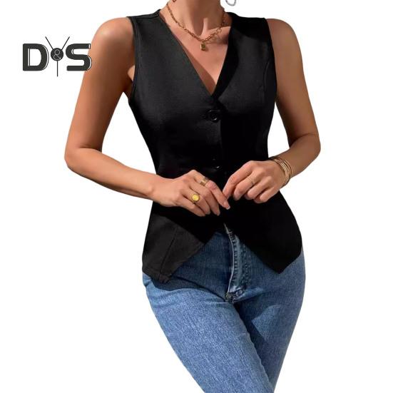 

Женский нарядный жилет с V-образным вырезом, застегивающийся на пуговицы блейзер, жилет без рукавов, укороченный топ, облегающий рабочий офисный наряд S чёрный