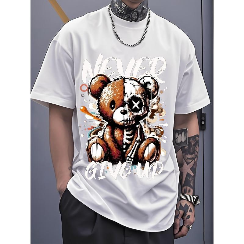 

European Size Men S Motivational T-Shirt with Skull & Teddy Bear Graphic Print -Never Give Up Design, Black Casual Short Sleeve Round Neck Tee for Gym 4XL