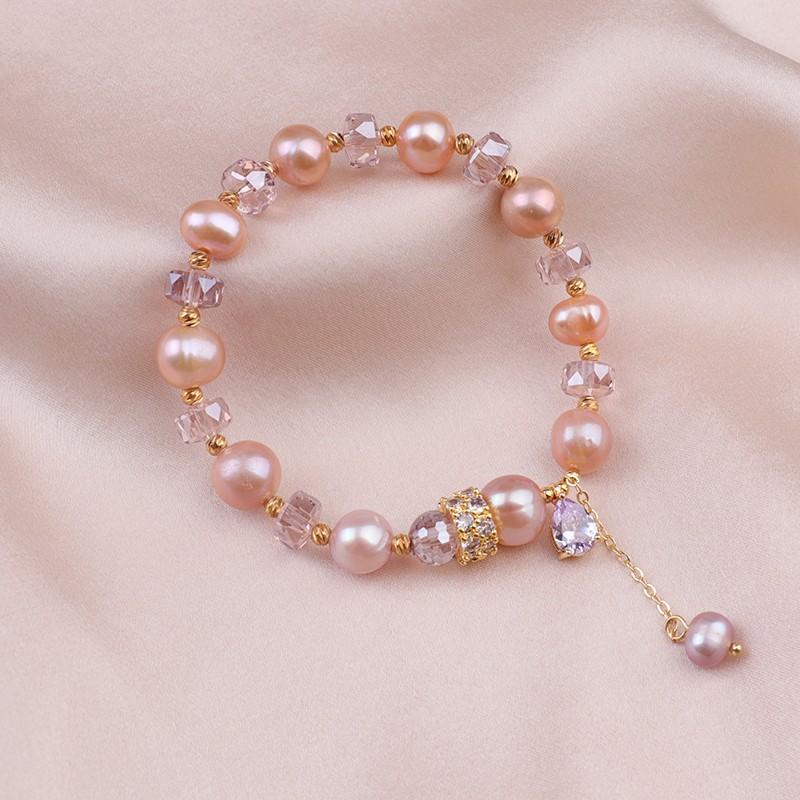 

New Arrival 100% Natural Pink Freshwater Pearl Shiny Crystal 14K Gold Filled Ladies Beads Chain Bracelet Gifts Women