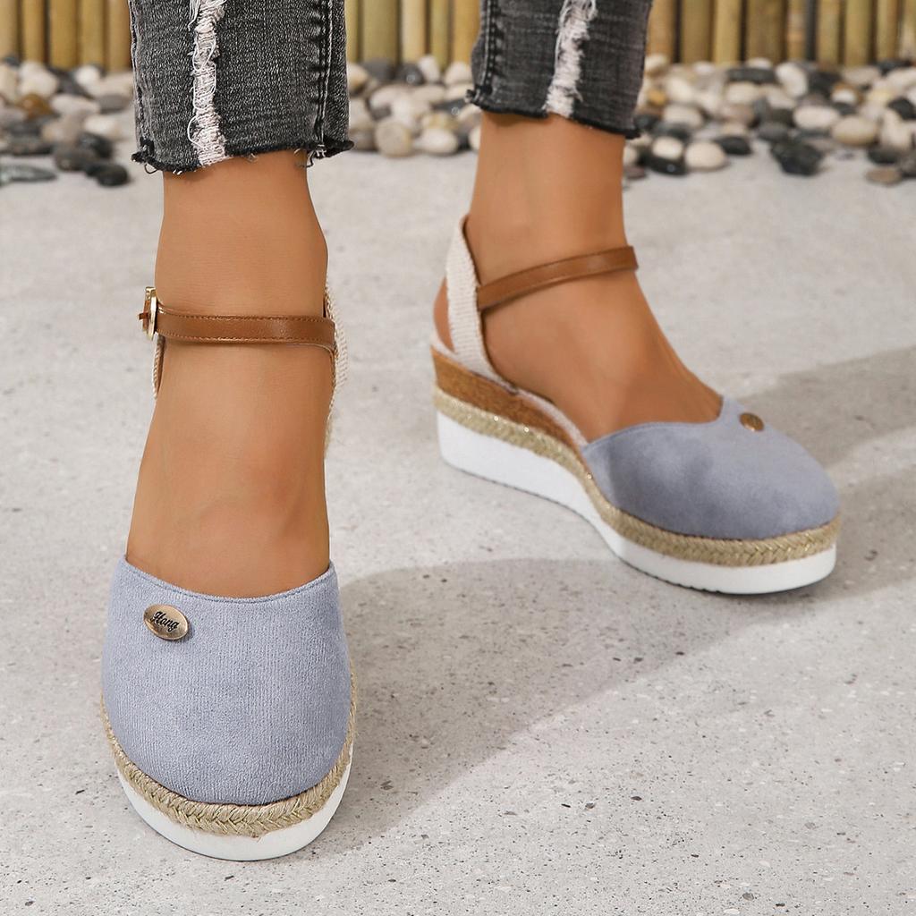 Fashion Large Size Color Matching Closed Toe Sling Back Sandals Wedge Heel Lightweight Hemp Rope Braided Buckle Women's Shoes Thick Sole