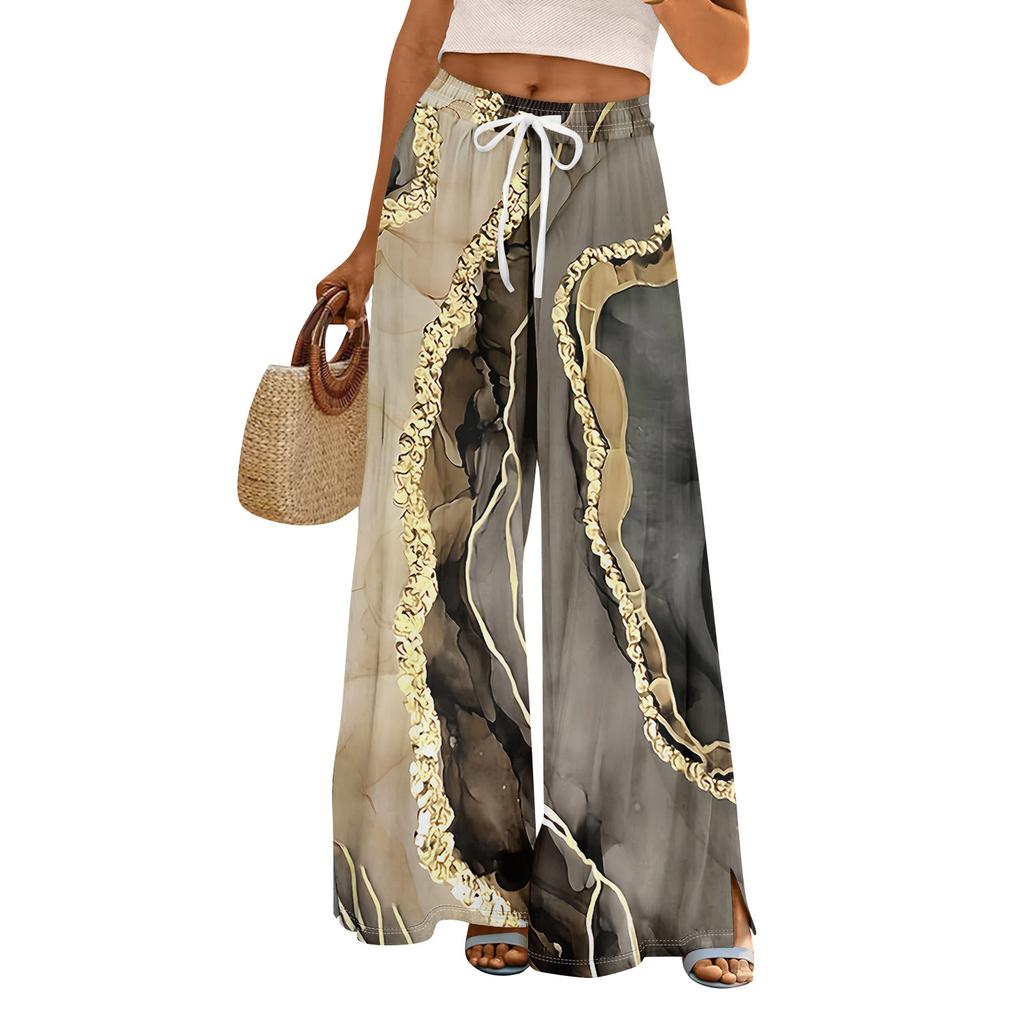 Women Summer Boho Palazzo Pants High Waist Wide Leg Floral Printing Casual Trousers With Pockets
