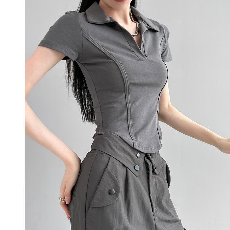 Korean version of fishbone POLO collar slim-fitting short-sleeved T-shirt women's small summer new chic t-shirt top