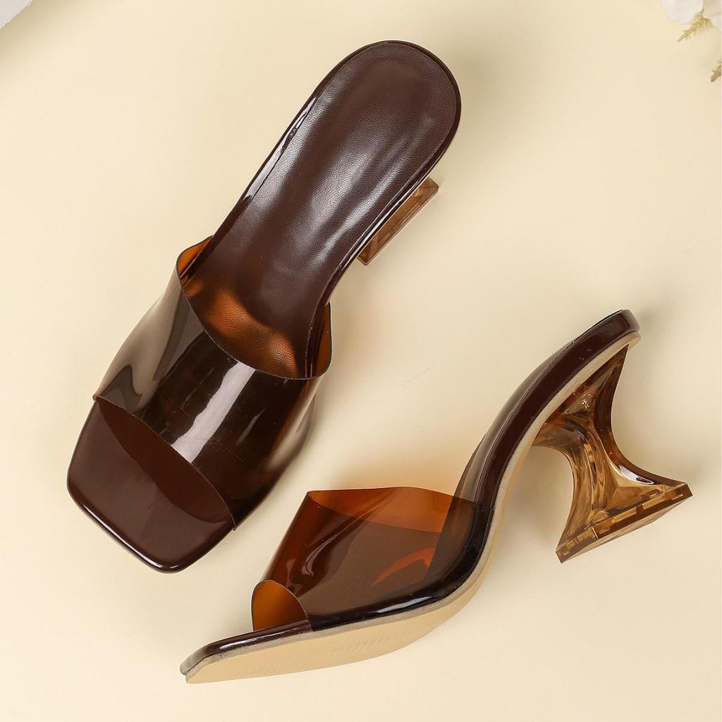 2026 Women's Transparent Heel Square Toe High-Heel Sandals - Brown/Black Summer Outdoor Breathable Single Strap Slippers