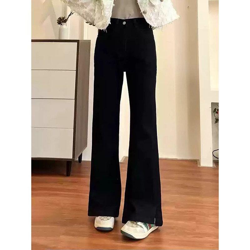 Dark Blue Slit-Flare Jeans for Women, New Spring Style, Plus-Size, High-Waisted, Slimming, Stretchy Flared Pants Black (Regular Version) 2XL