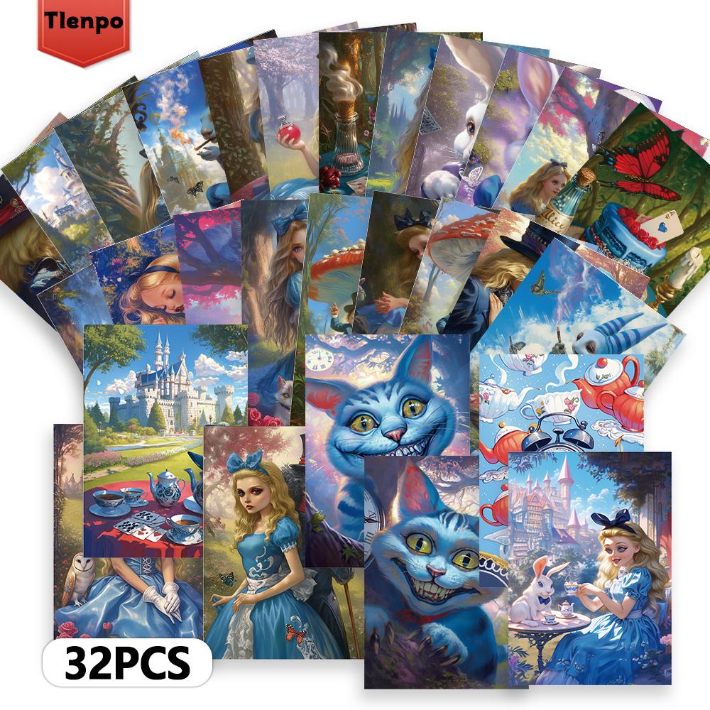 32pcs, Vintage Alice In Wonderland Postcards, Horror, Birthday/Anniversary Gifts, Collectibles, Suitable for Gifting, Mailable.