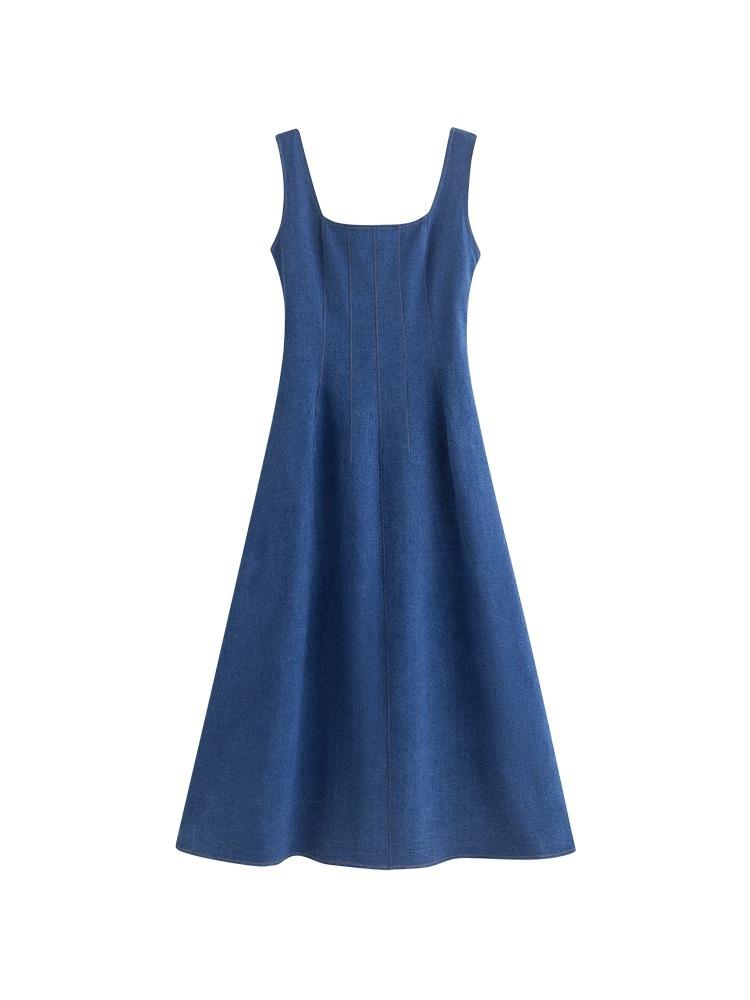 New Blue Mist Love French Denim Dress Women's Summer Niche Design Sense Waist Temperament Suspender Long Dress