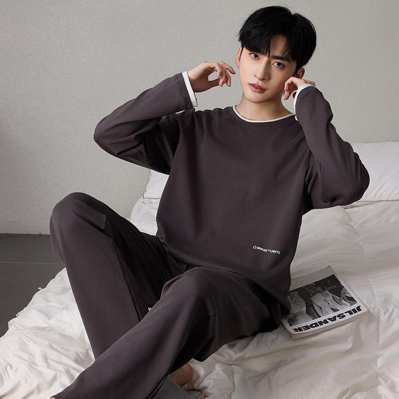 Men's 100% Pure Cotton Pajamas - Long Sleeve & Pants, Solid Color, Loose Fit, Two-Piece Set for Spring & Autumn Homewear.