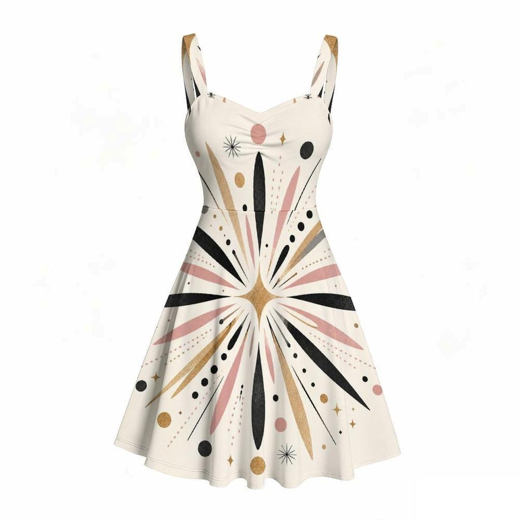 Women Plus Size Strappy Off Shoulder Dress Square Neck Sleeveless Geometric Star Print Flared Hem
