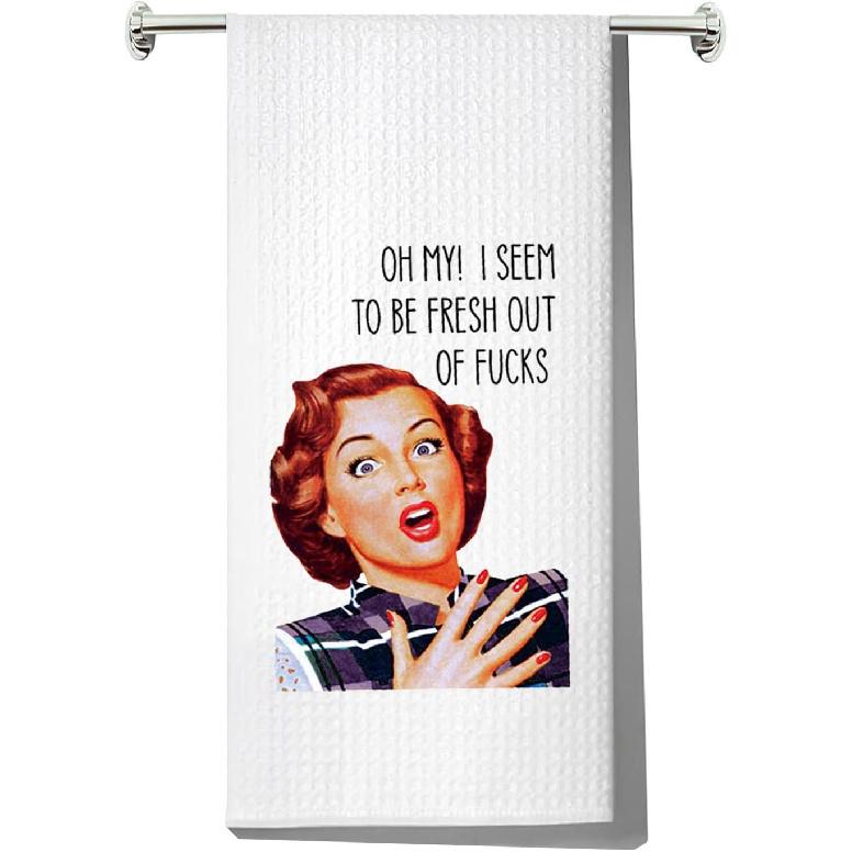 LEVLO Funny Retro Sassy Kitchen Towel Retro Housewife Gift Oh My I Seem to Be Fresh Out of Fucks Tea Towels Waffle Weave Kitchen Decor Dish Towels Oh My I Seem